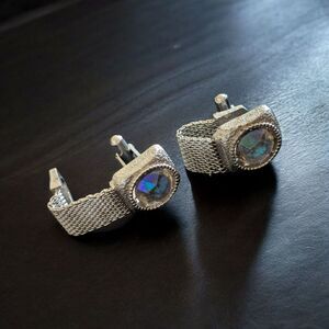 Vintage SWANK Cuff Links Clear Rhinestone Silver Toned 1960s Metal Mesh Band